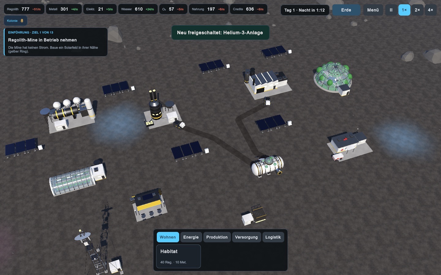 A moon base from above: solar fields, habitat, smelter, greenhouse, biodome and clinic, connected by roads