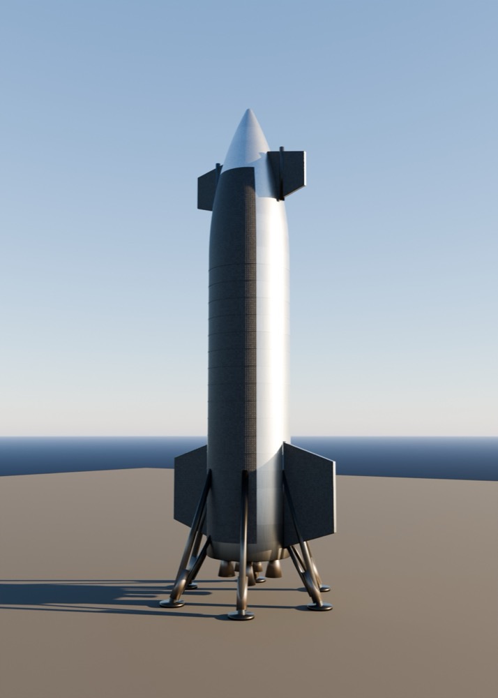 The stainless steel Spaceship standing on its landing legs